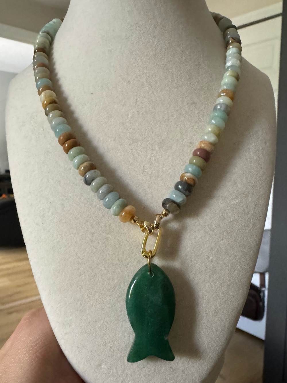 Handmade Green Stone Fish Pendant Beaded Necklace